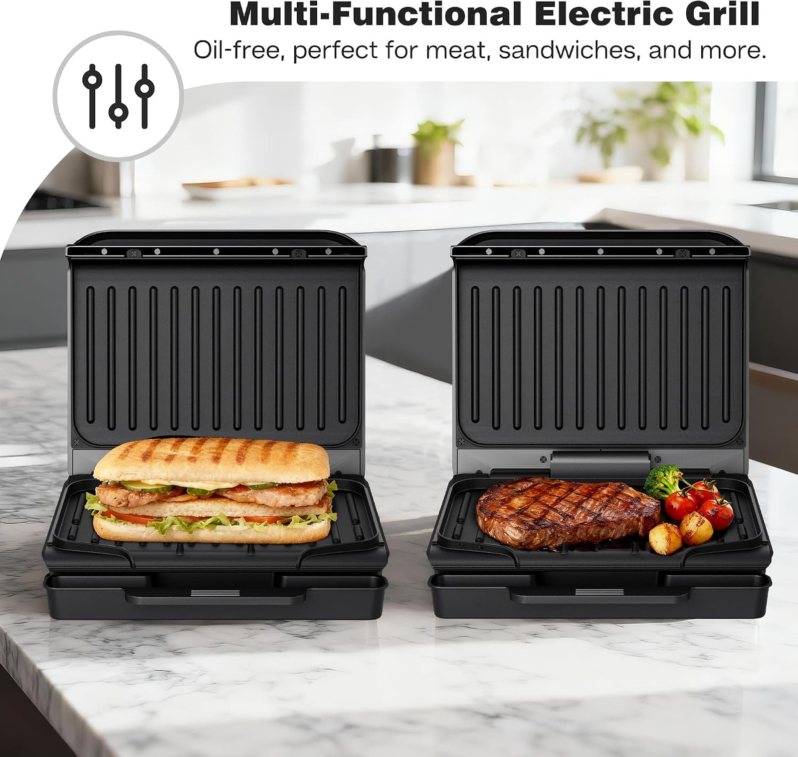 Electric Grill Panini Press, Non-Stick Coating, 850W Dual Heating, Removable