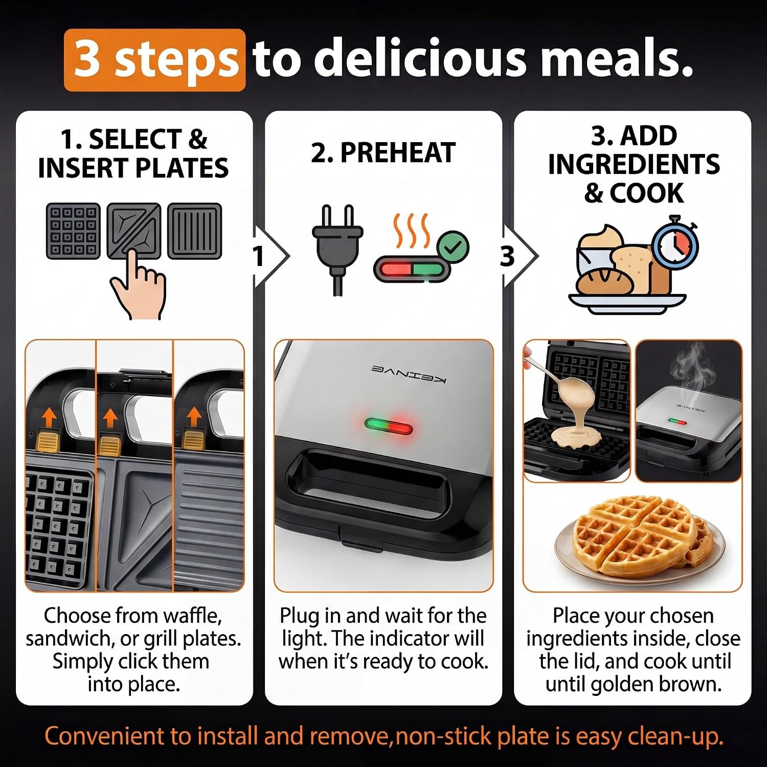 3-in-1 Sandwich Maker Waffle Maker & Panini Press Grill 800W Electric Breakfast