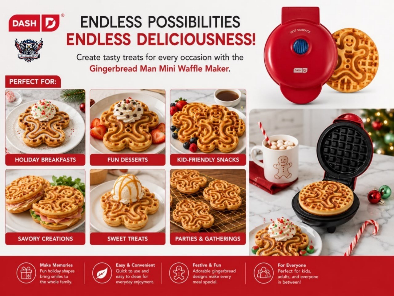 Dash Gingerbread Mini Waffle Maker 4″ Cooking Surface Non-stick 350 Watts Red.