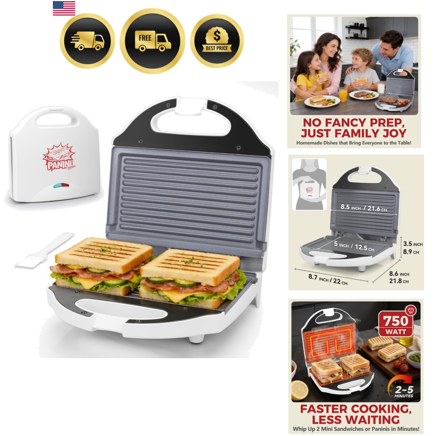 Mini Panini Press Grill Sandwich Maker Electric Non Stick Compact White