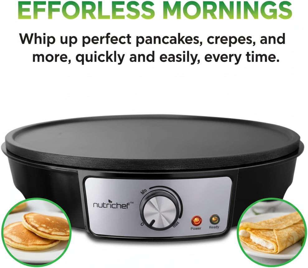 Electric Crepe Maker Pan & Griddle | 12 Inch Nonstick Cooktop | LED Indicators &