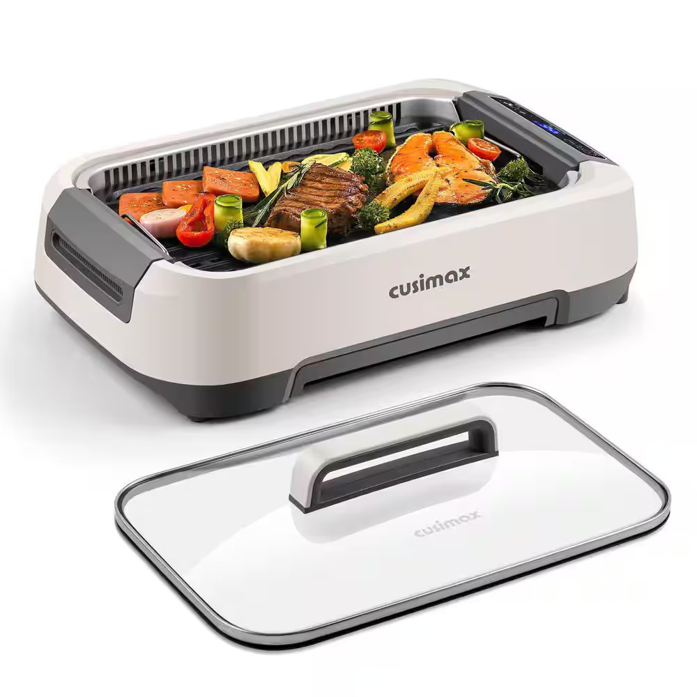 Smokeless Electric Indoor Grill 1500W Nonstick Dishwasher Safe White LED Lid