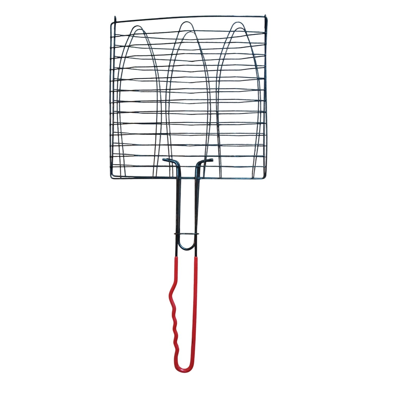 Triple Fish Grilling Basket Wire Mesh BBQ Tool with Red Heat Resistant Handle