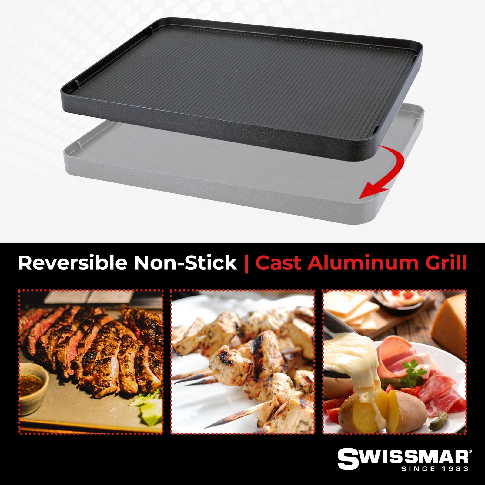 Swissmar Classic Raclette Grill Reversible Non Stick Plate 8 Dishes and Spatulas