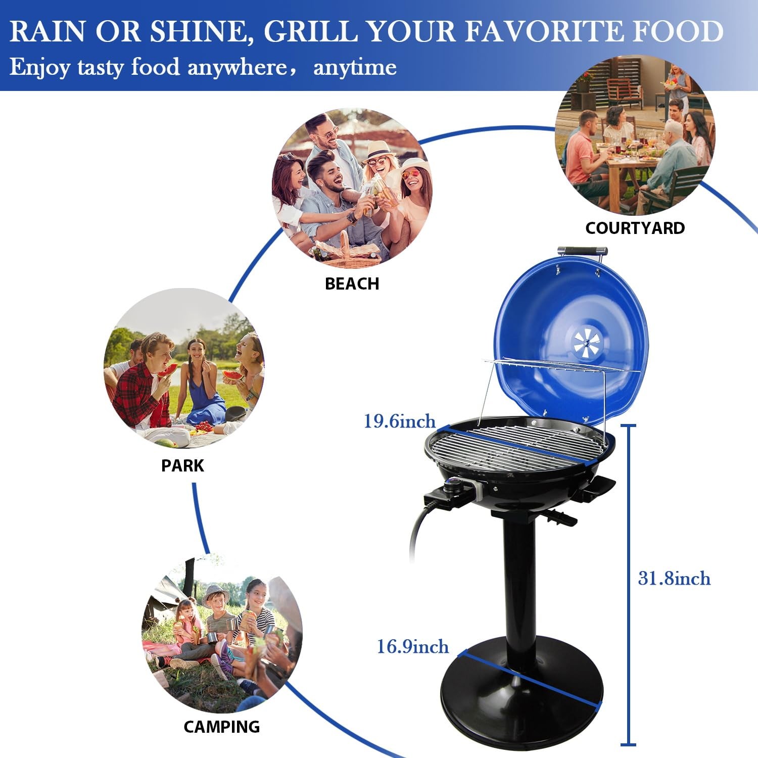 Electric Grill, Techwood Indoor/Outdoor BBQ 1600W Large, Blue