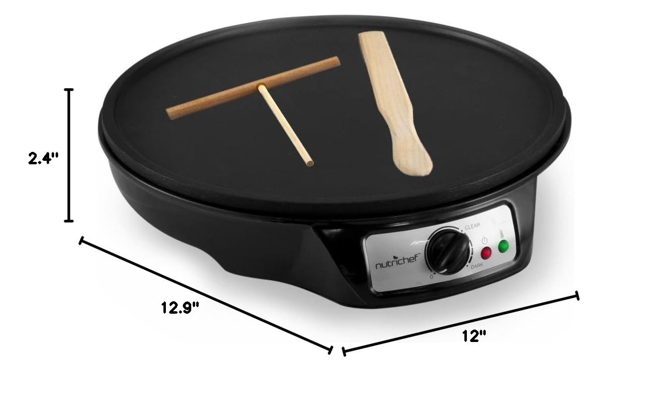 Nutrichef Electric Crepe Maker Pan & Griddle – 12 Inch Nonstick Cooktop, LED Ind
