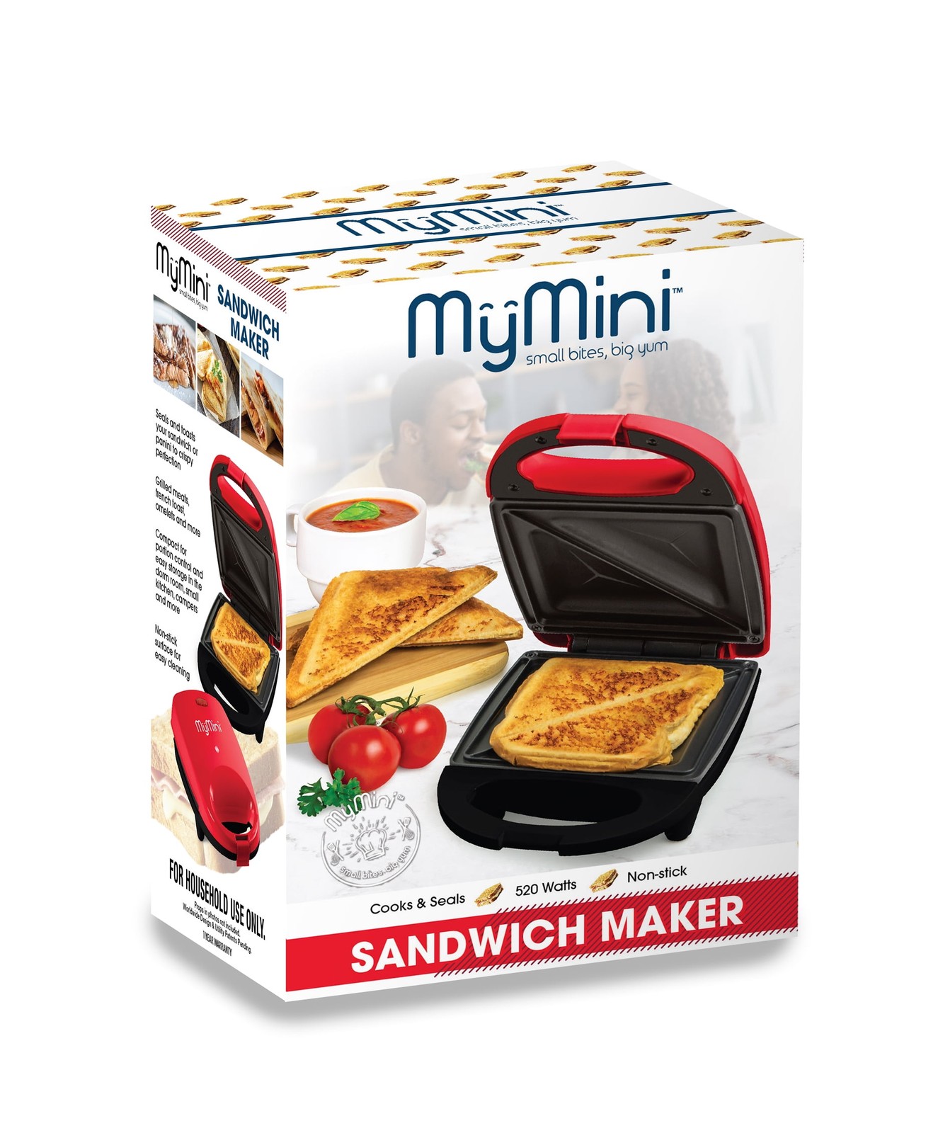 MyMini Sandwich Maker Grill, 520 watts, Red