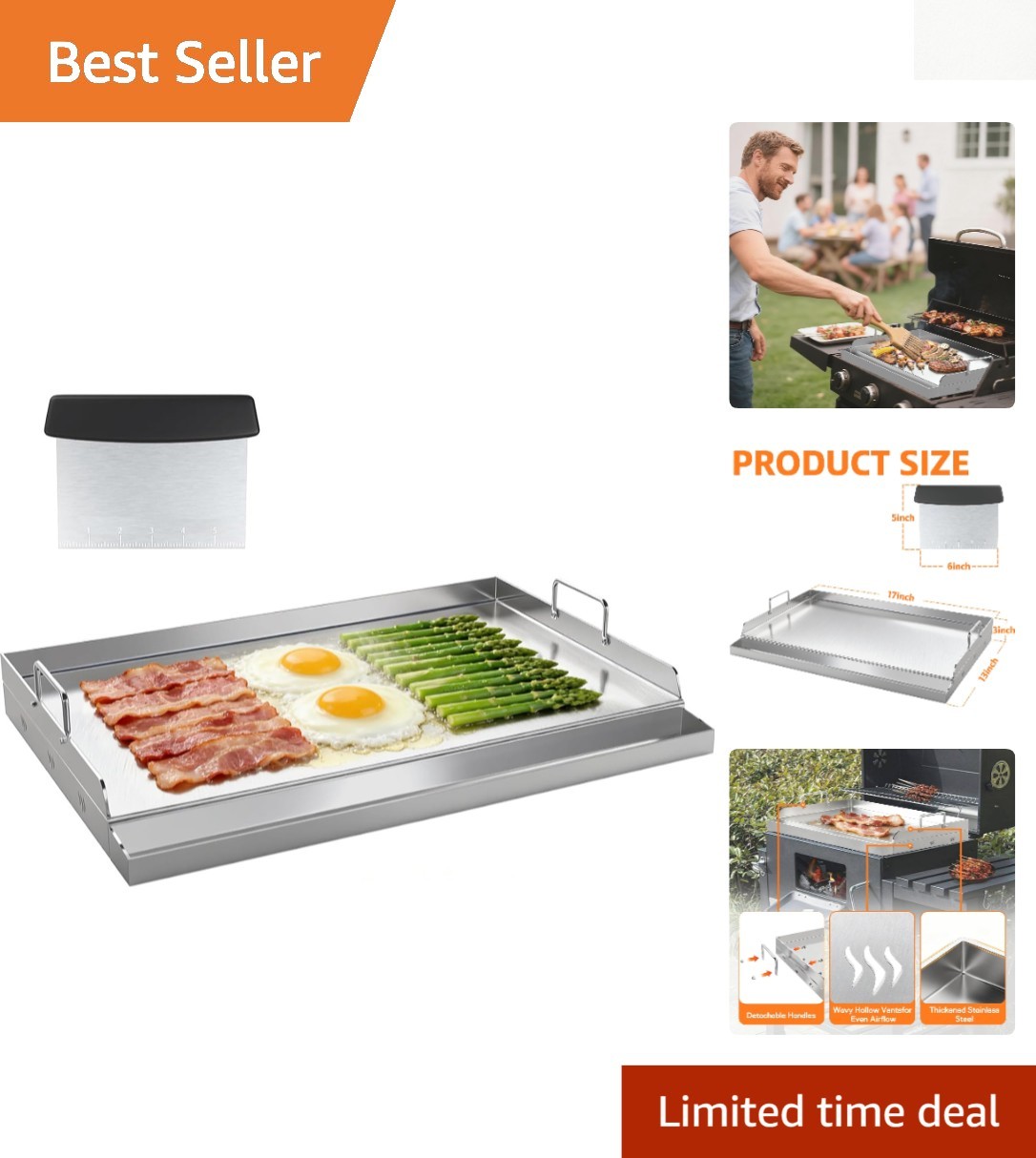 17″ x 13″ Stainless Steel Griddle for BBQ & Camping – Even Heat Cooking