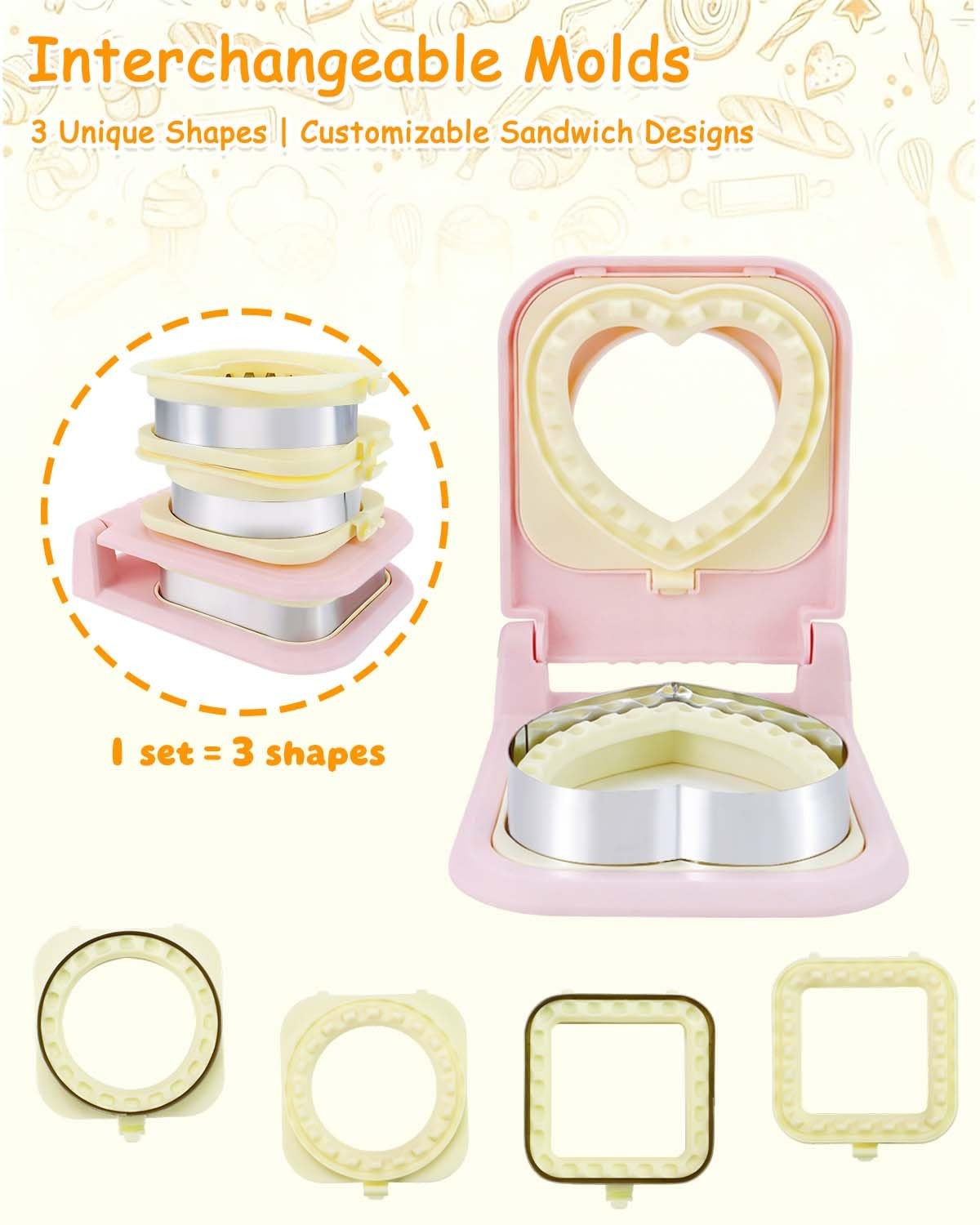 3-in-1 Uncrustable Sandwich Maker – Heart/Circle/Square Crustless Sandwich Cu…
