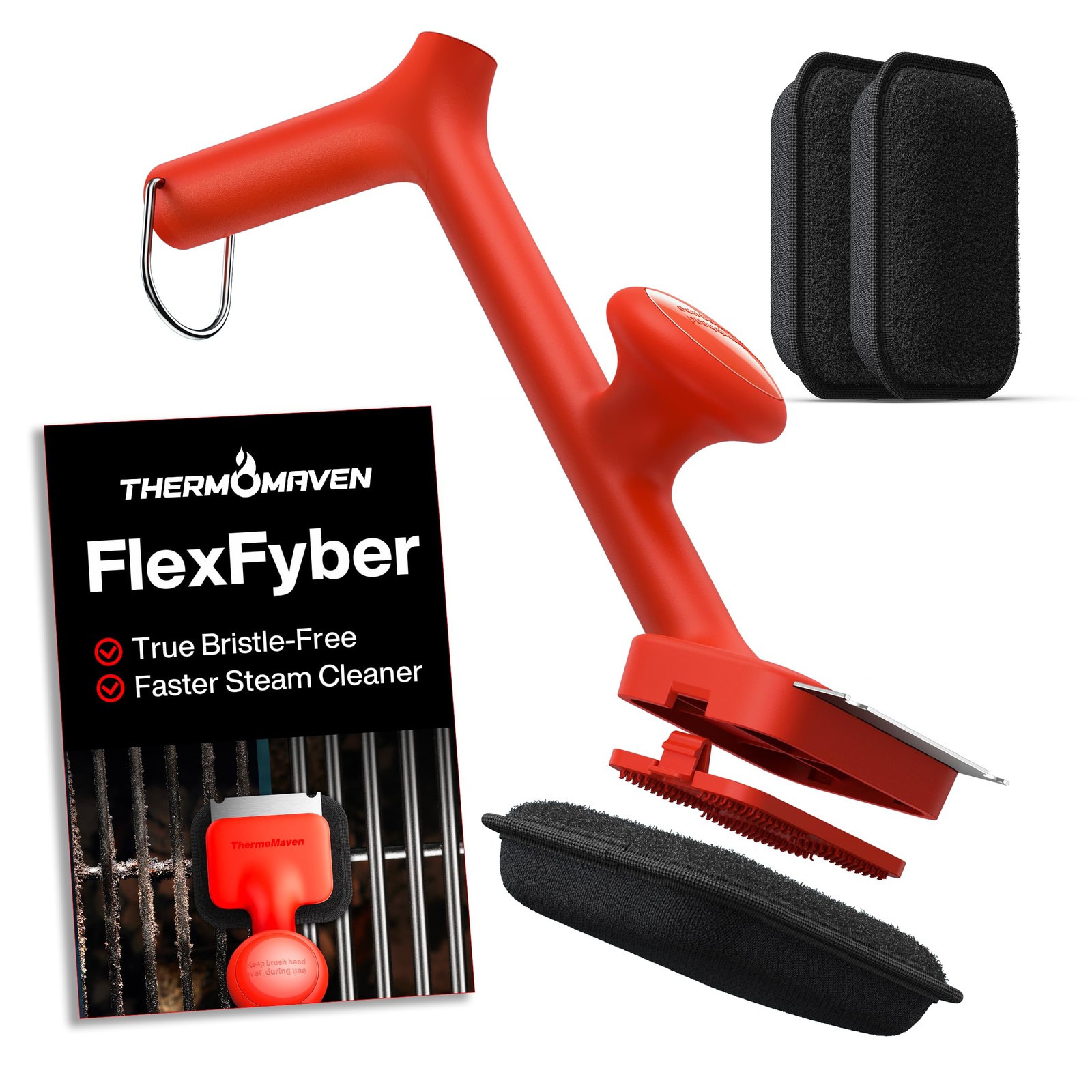 Thermomaven Grill Brush Bristle Free with 3 3 Pcs FlexFyber Head, Red