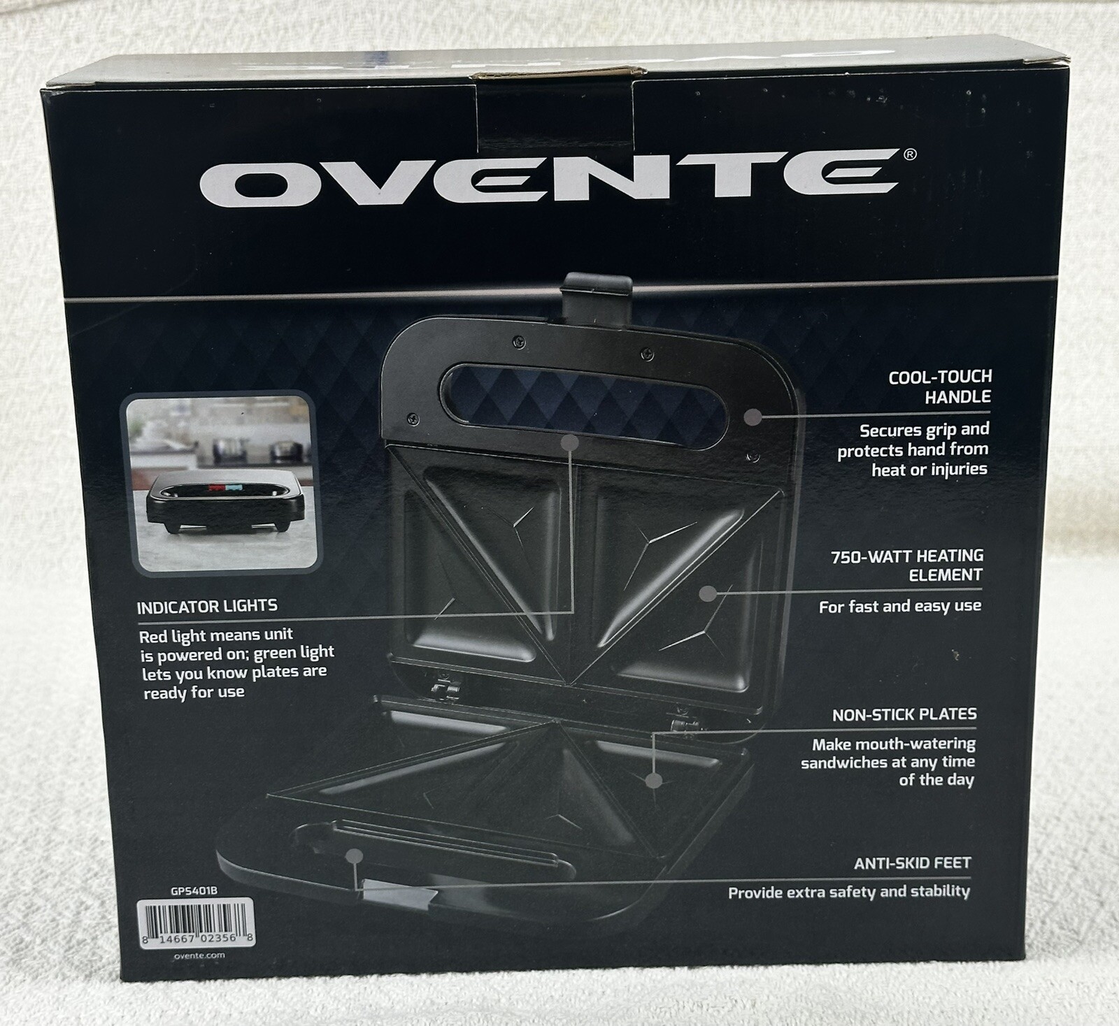 Ovente Electric Sandwich Maker Black Non-Stick Plates Black GPS401B New in Box