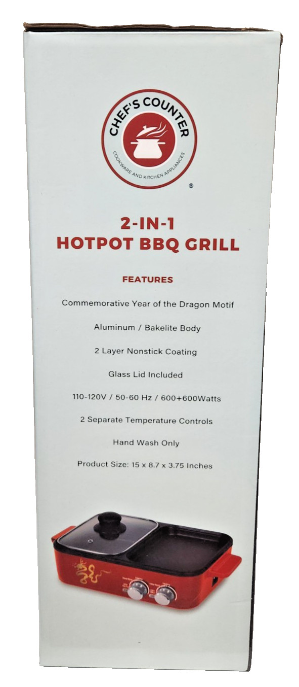 Chef’s Counter 2-in-1 Hotpot Electric BBQ Grill New In Box Model CC-1688-RD