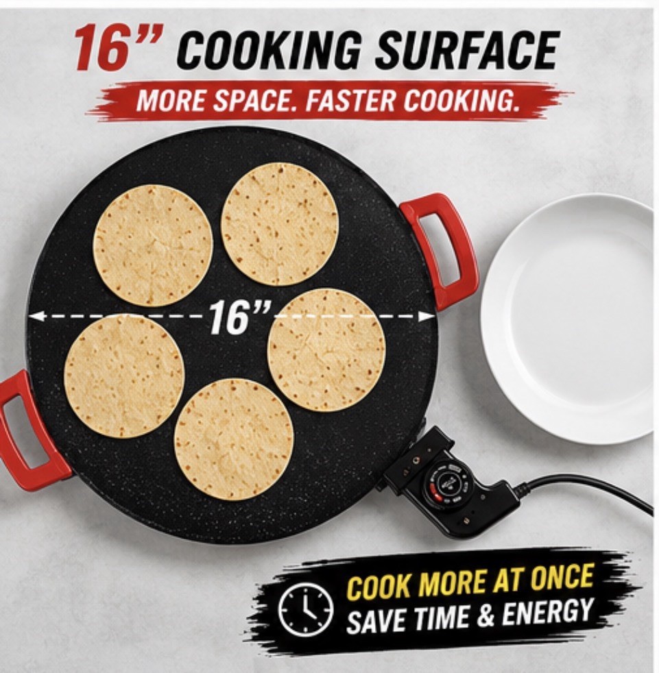 AORAN 16in Round Electric Comal Griddle 1000W Non-Stick Temp Control Black