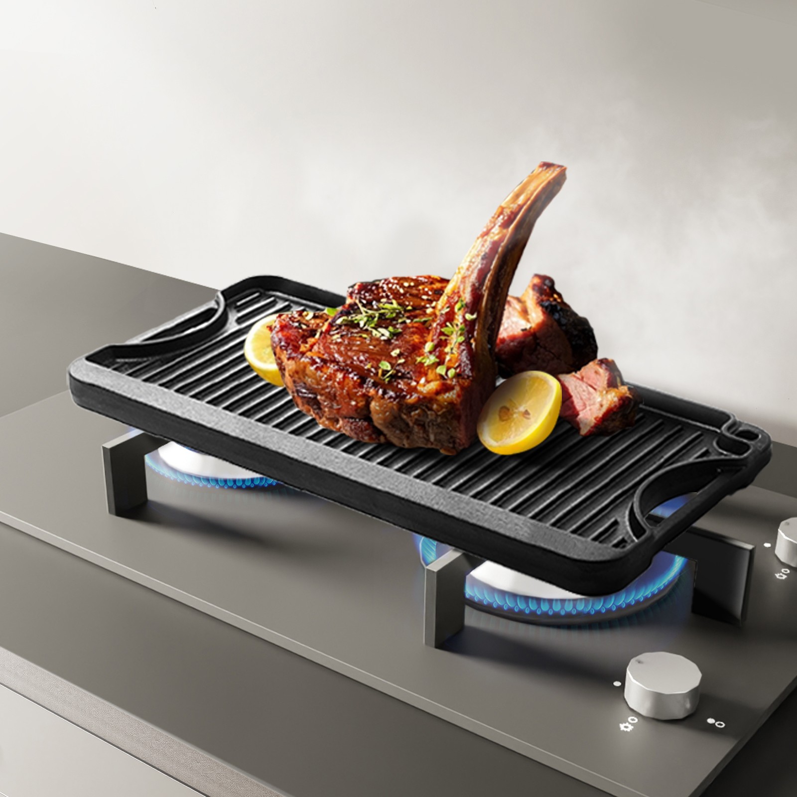 20x10in Reversible Grill Griddle Pre-Seasoned Rectangular BBQ Pan Cast
