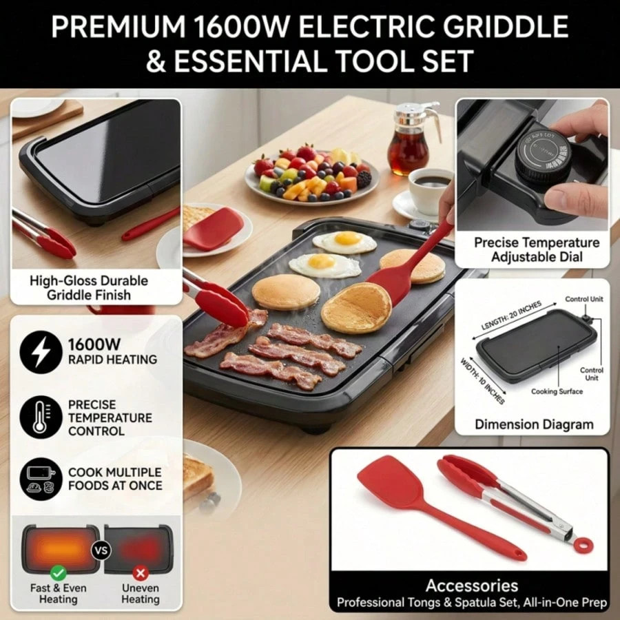Aoran 1600W Electric Griddle Non-Stick 5 Temperature Control Large Indoor Outdoo