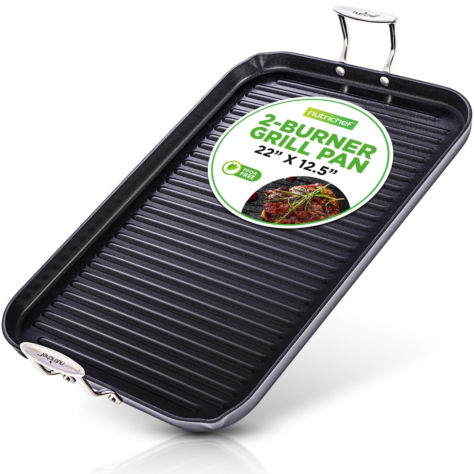 NutriChef 20″x13″ Stove Top Grill Pan – Double Burner, 20″ x 13″, Black