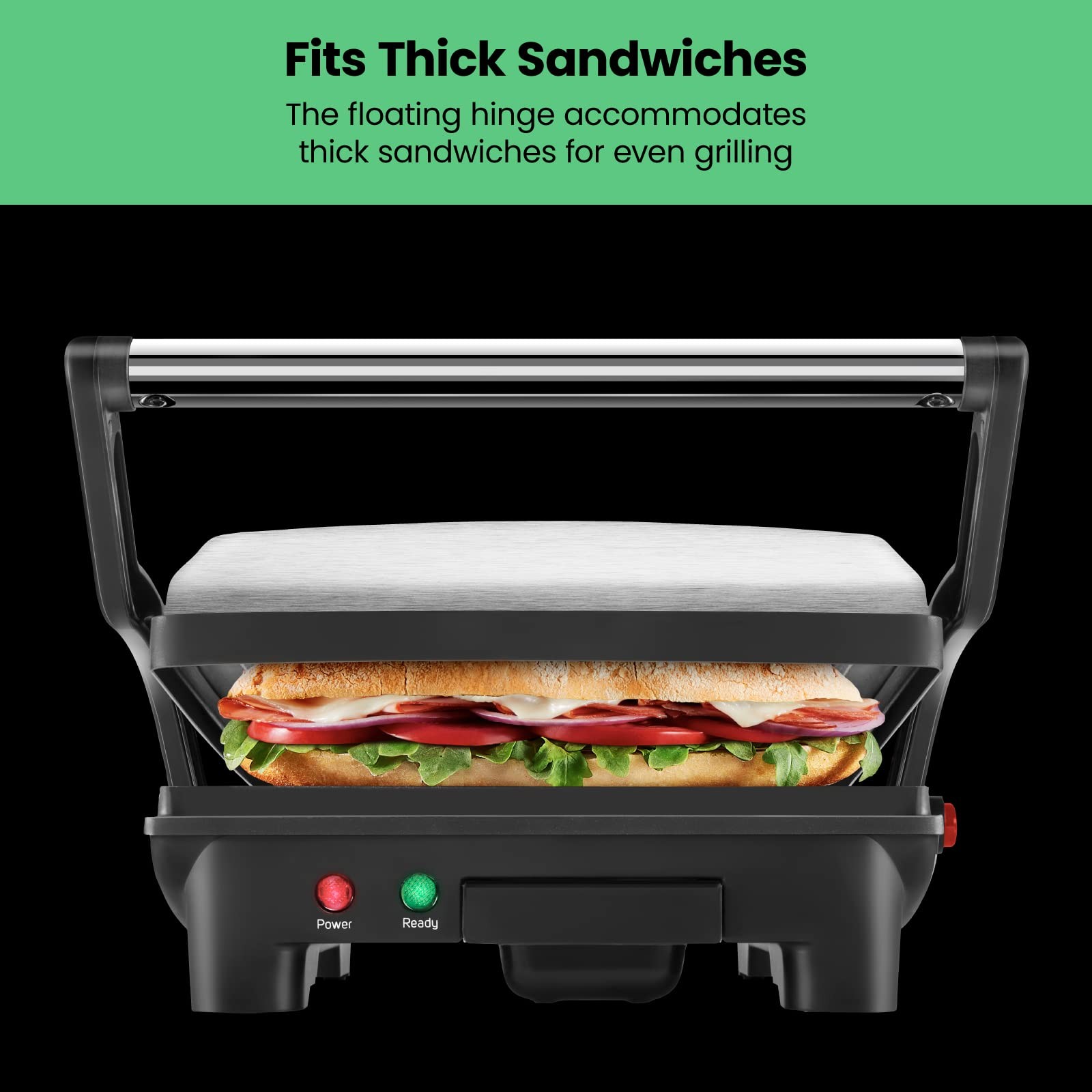 Panini Press Grill 4 Slice Black Non-Stick Plates Opens 180 Degrees Removable