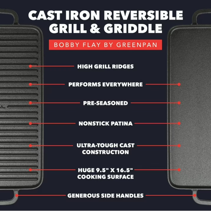 GreenPan Bobby Flay 11″ Cast Iron Reversible Grill/Griddle