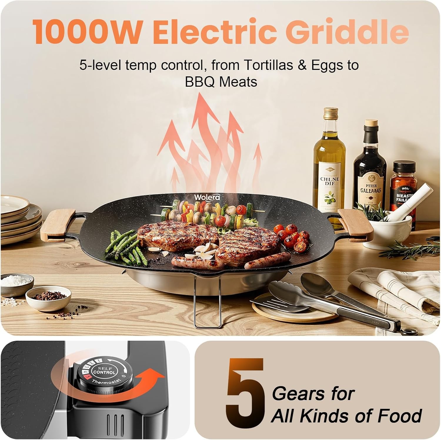 Smokeless Electric BBQ Grill Wood Handles Adjustable Temp | Electric nonstick