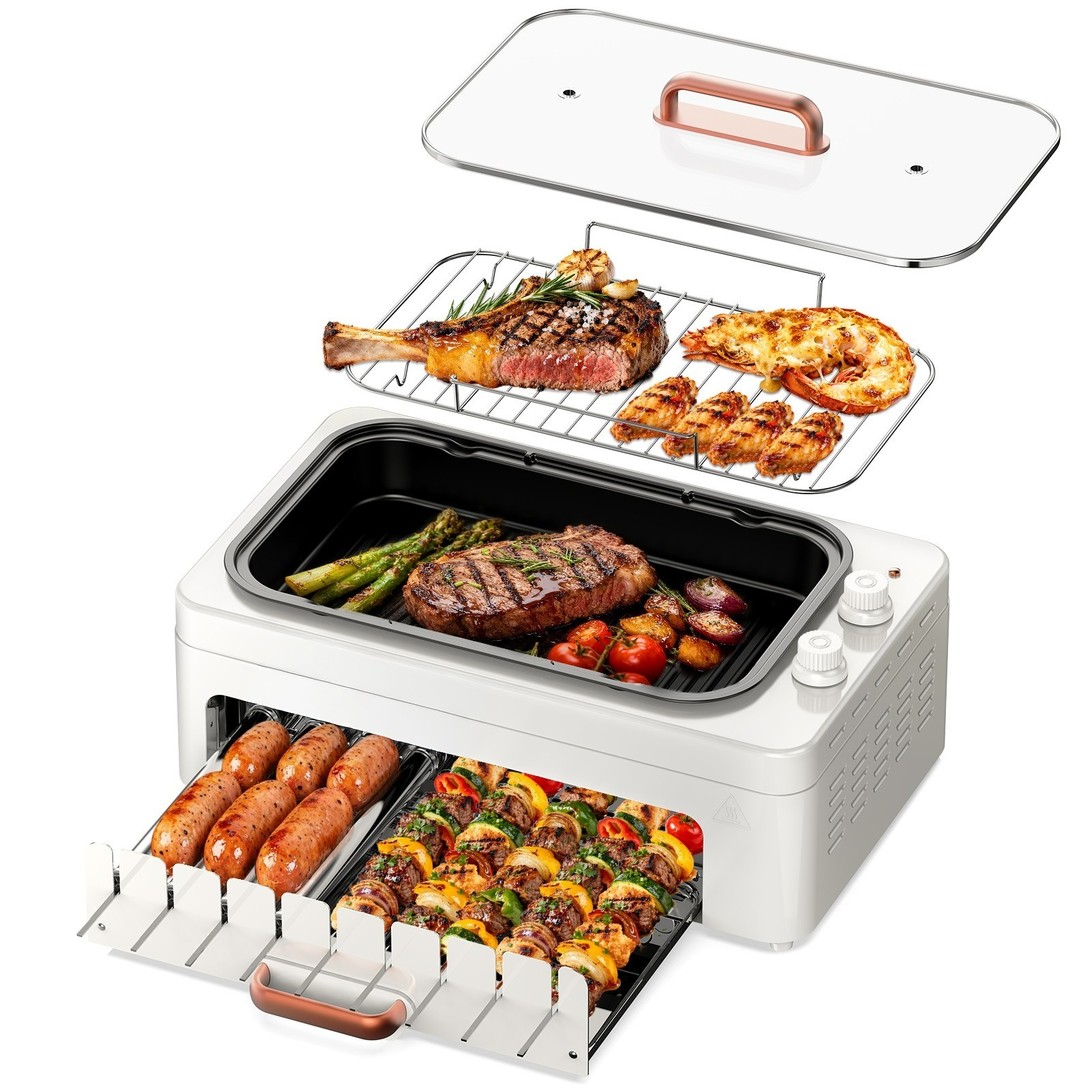 4in1 Indoor Electric Smokeless Grill BBQ with Non-Stick Pan Kabob Skewers hotdog