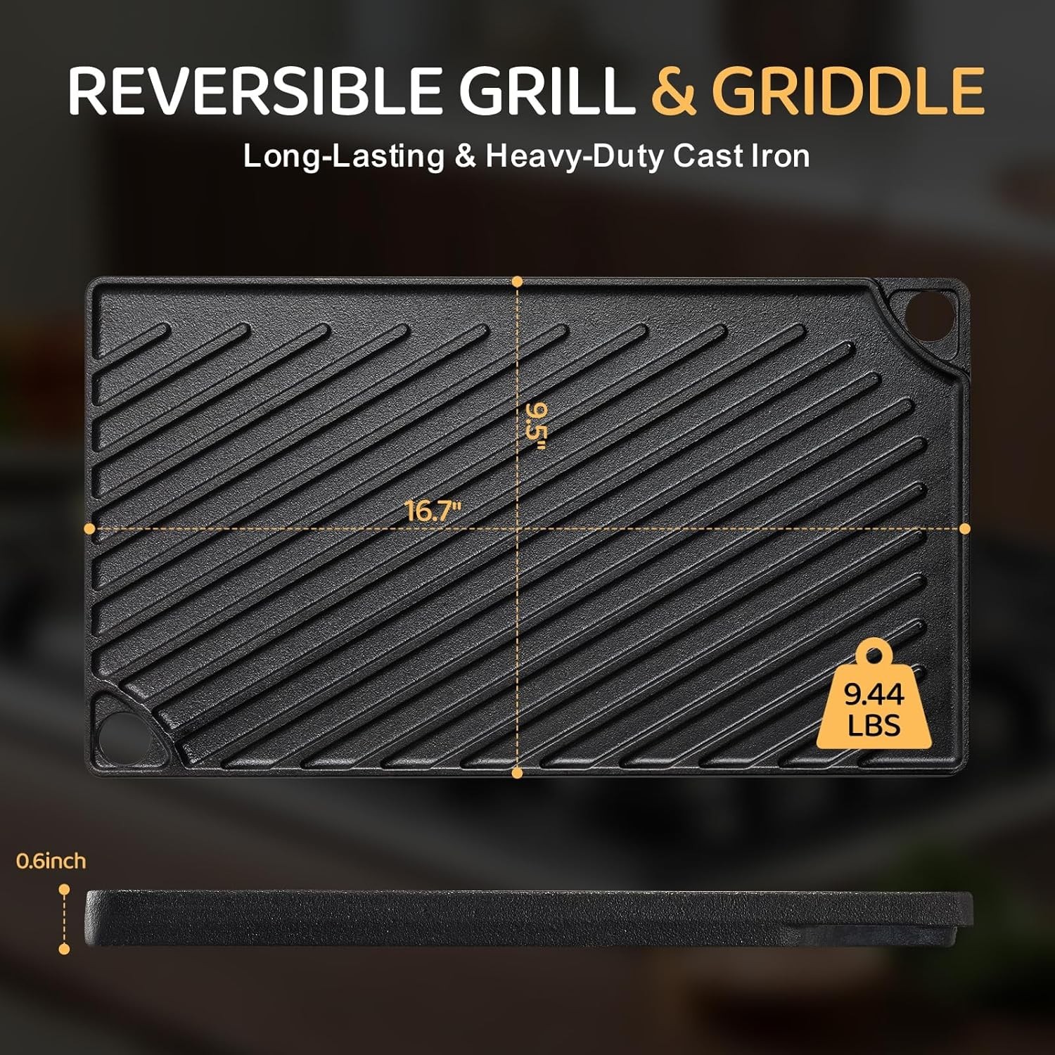 Reversible Grill/Griddle, 16.7×9.5” Pre-Seasoned Cast Iron Griddle Pan, Doub…