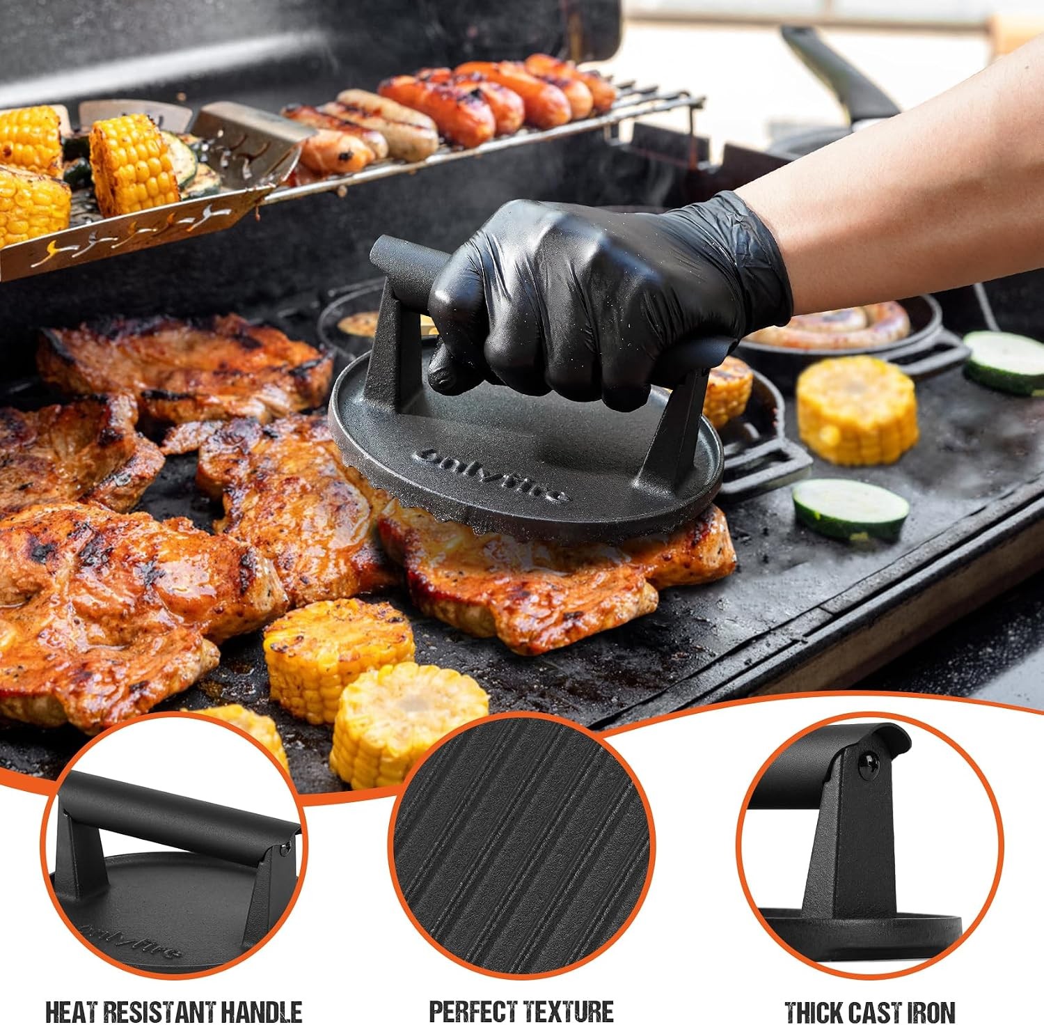 onlyfire 6 Inch Heavy-Duty Cast Iron Grill Press | Smash Burger Press Meat Steak