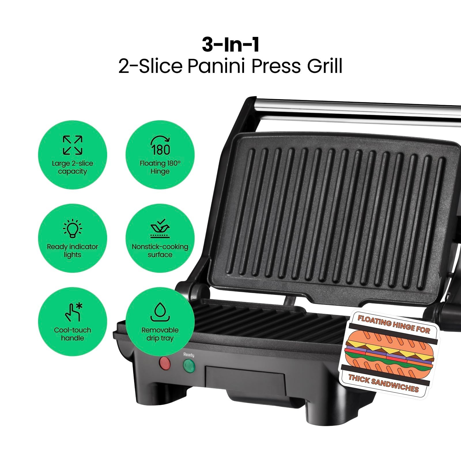 Compact 2-Slice Electric Panini Press Grill, Non-Stick Plates, 180° Open, Dishwa