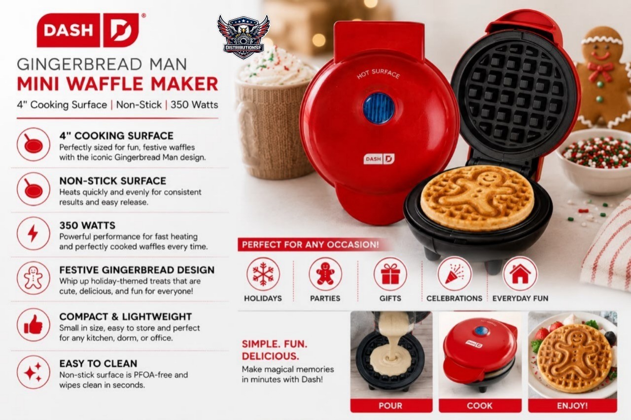 Dash Gingerbread Mini Waffle Maker 4″ Cooking Surface Non-stick 350 Watts Red.