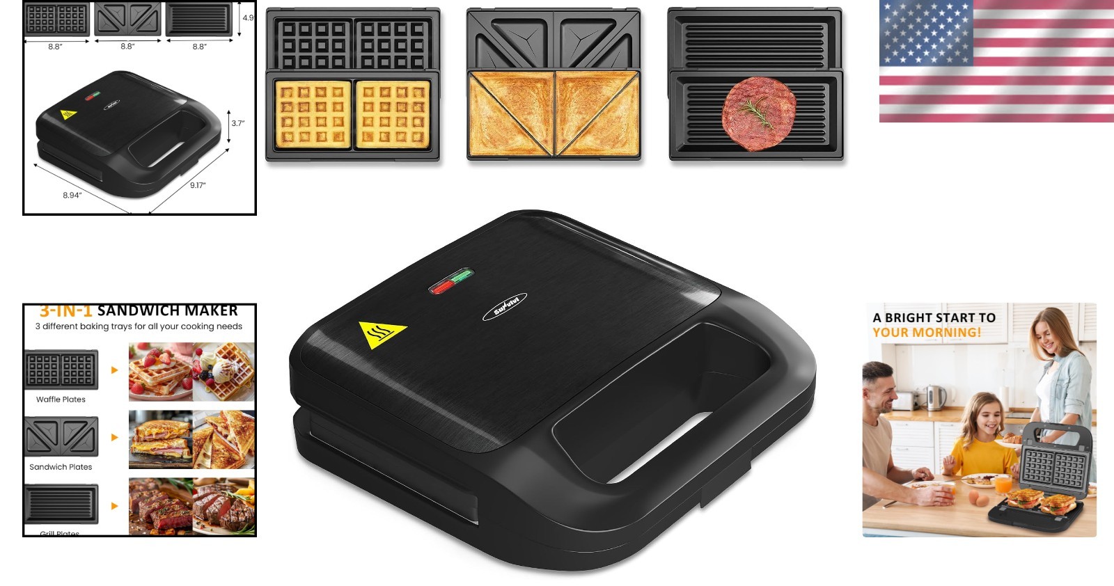 Removable Plates Electric Waffle & Sandwich Maker – Safe & Easy to Clean, Black