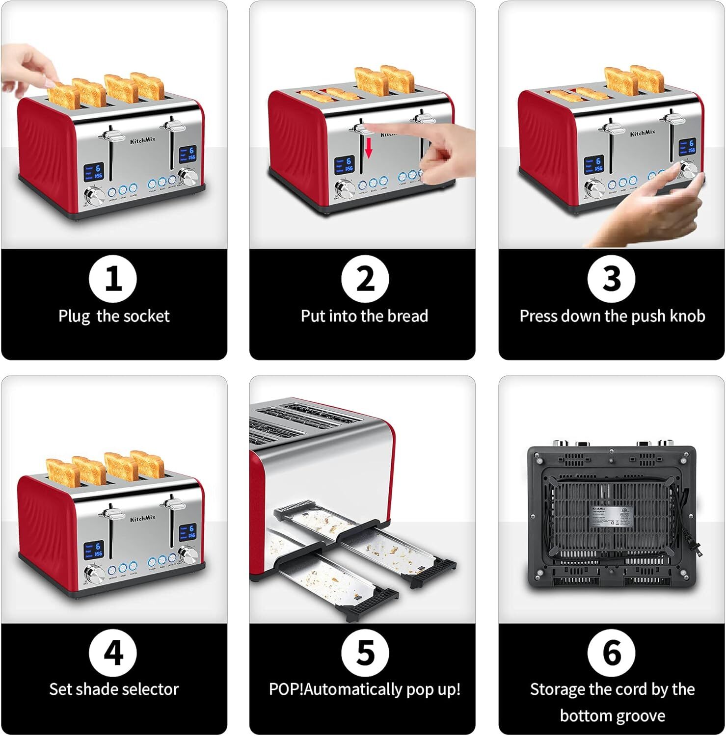 Toaster 4 Slice, KitchMix Bagel Stainless with LCD Timer, Extra Red