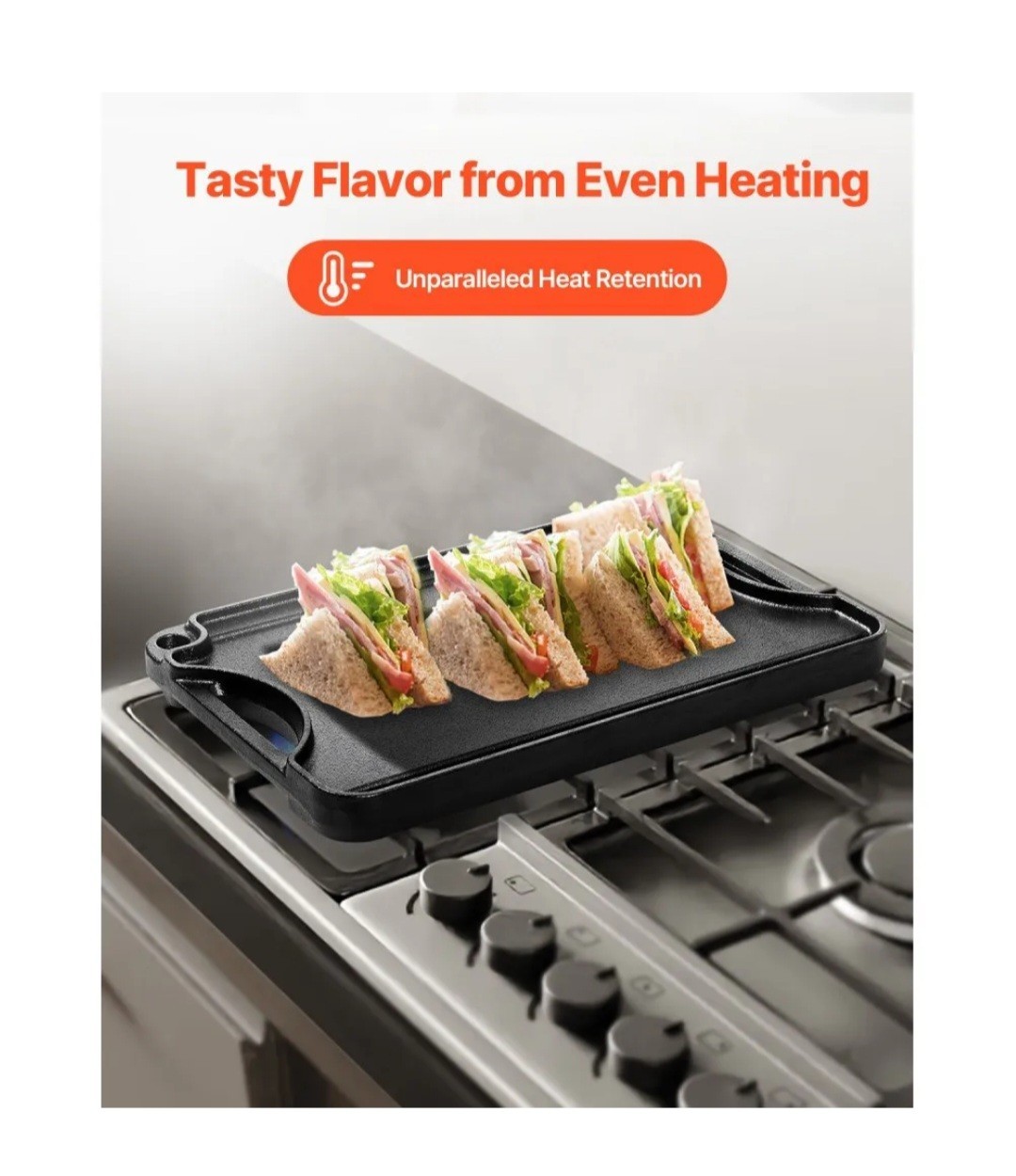 VEVOR Reversible Grill/Griddle, 14×8.5 inch Pre-Seasoned Cast Iron Griddle, Port