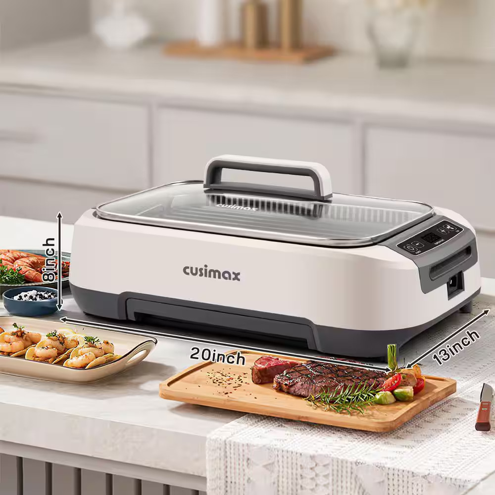 Smokeless Electric Indoor Grill 1500W Nonstick Dishwasher Safe White LED Lid