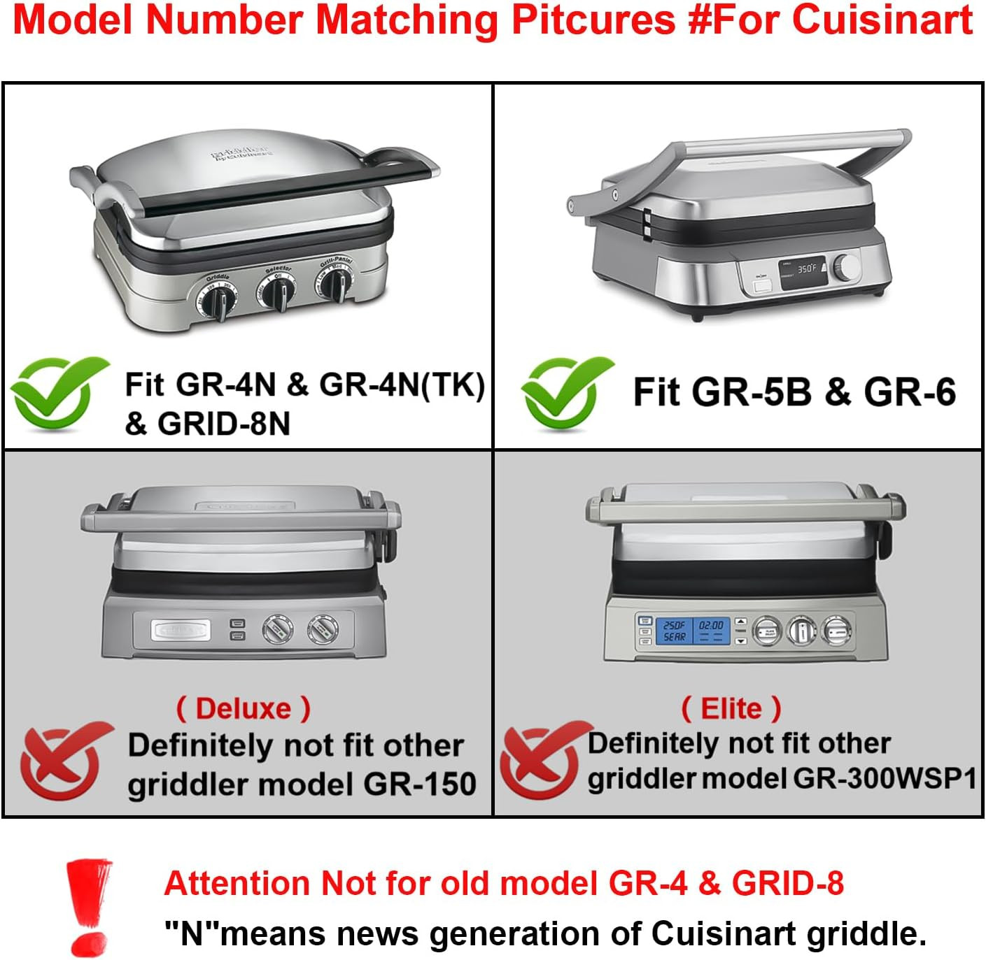 Waffle Plates for Cuisinart Griddler GR-4N, GR-5B, GR-6 and GRID-8N Series – 4 S