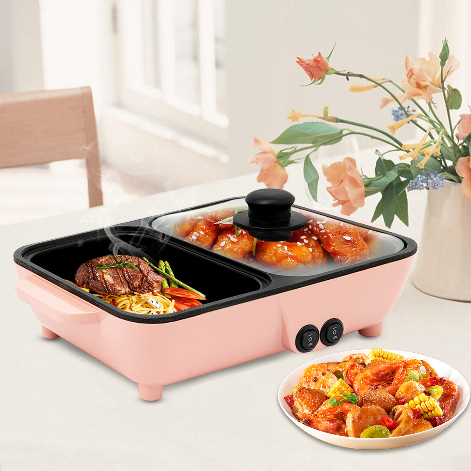 2in1 Electric Hot Pot 1200W Non-Stick Korean BBQ Plate Pan Shabu Grill Barbecue