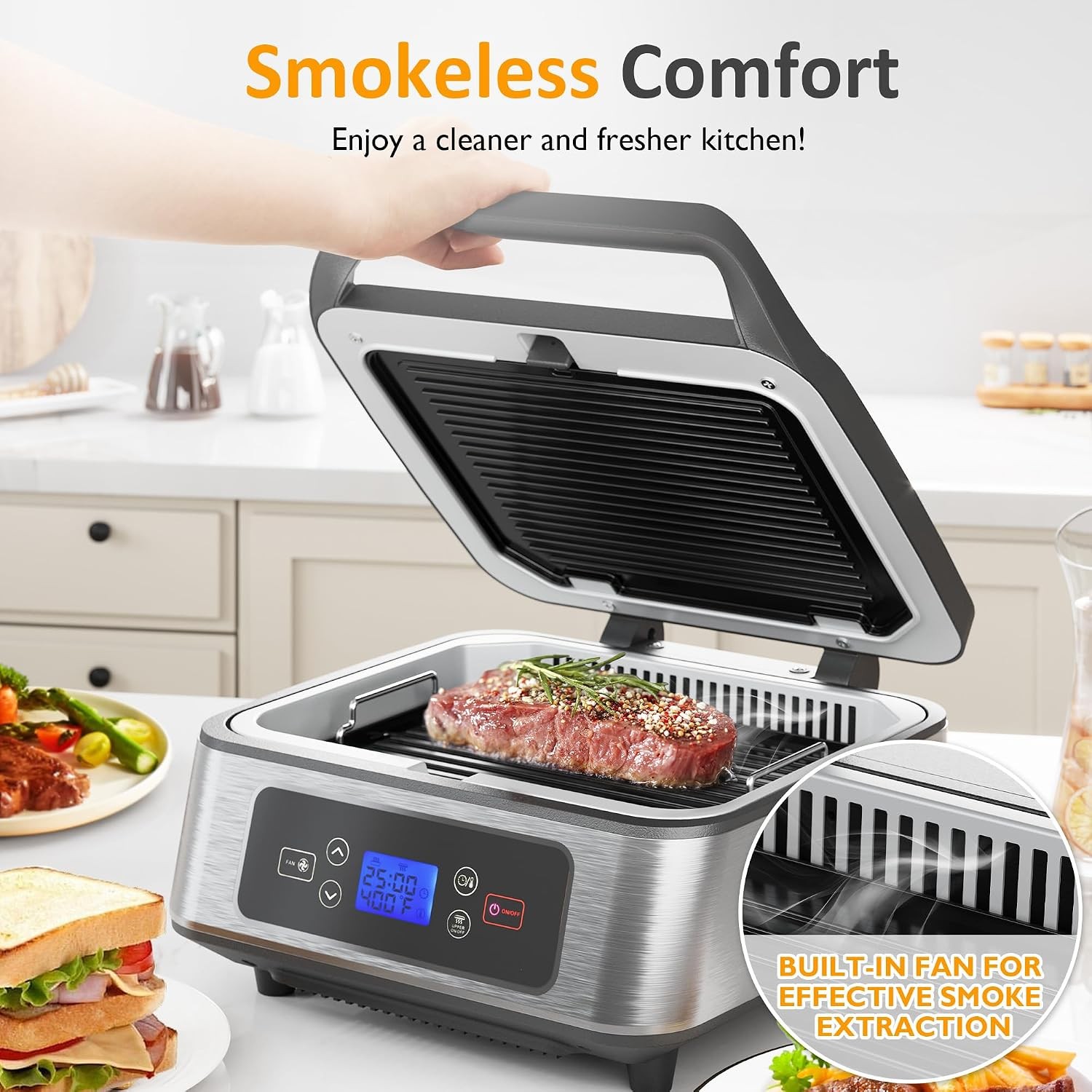 1300W Smokeless Grill Indoor W/ Auto-Lift Electric Panini Press Griddle W/