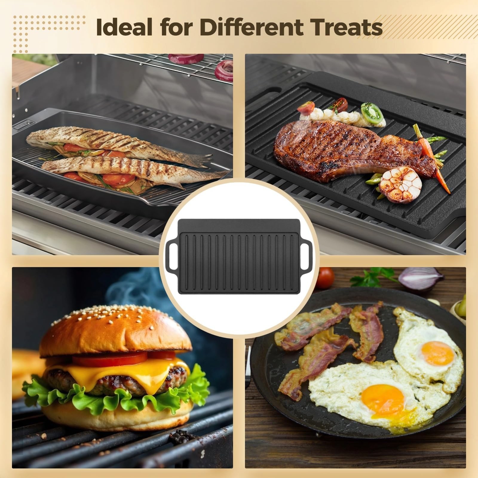 PreSeasoned Cast Iron Reversible Grill Griddle Double Burner Stovetop Pan