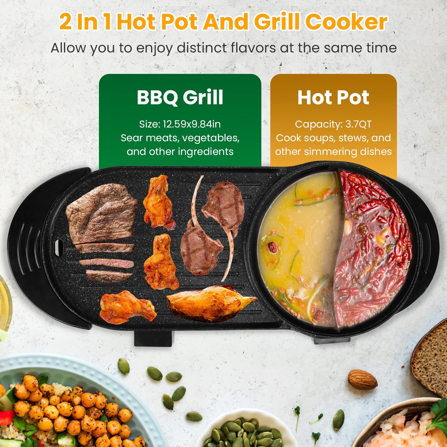 2 in 1 Electric Non-Stick Grill Hot Pot BBQ Grill Soup Shabu Pot Barbecue 2200W