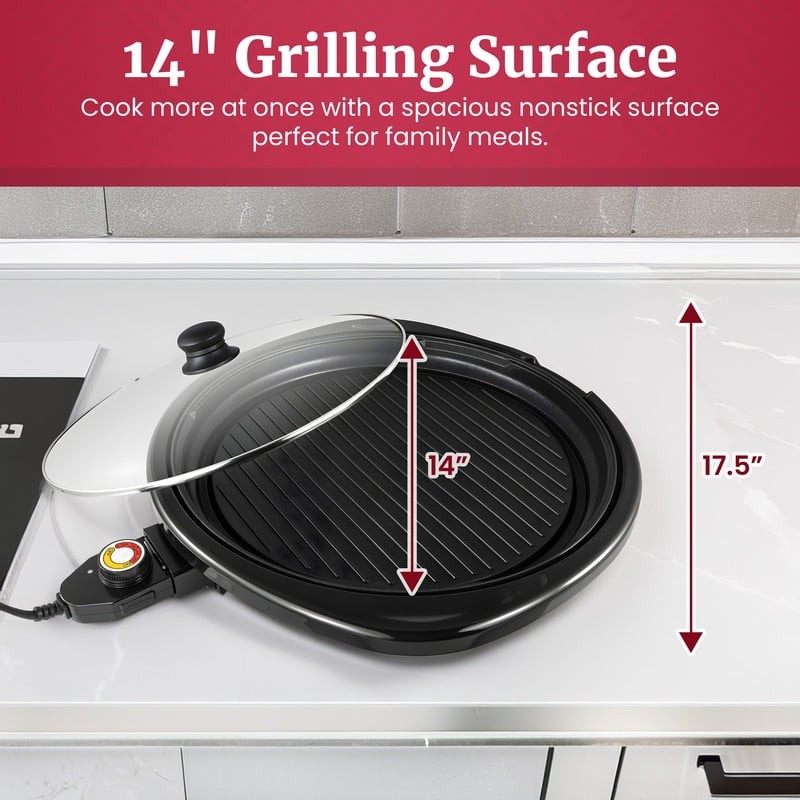 14-inch Electric BBQ Grill with Tempered Glass Lid