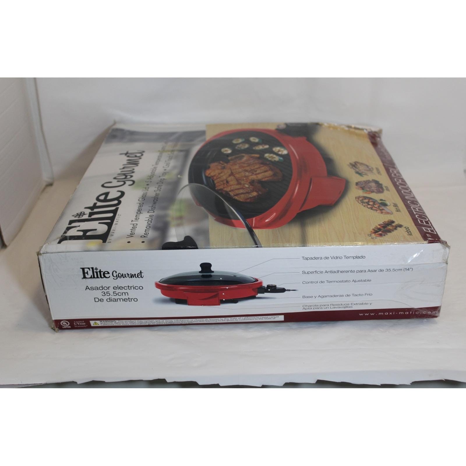 Elite Gourmet Red 14″ Electric Indoor Grill Glass Lid Non-Stick Model EMG-980R