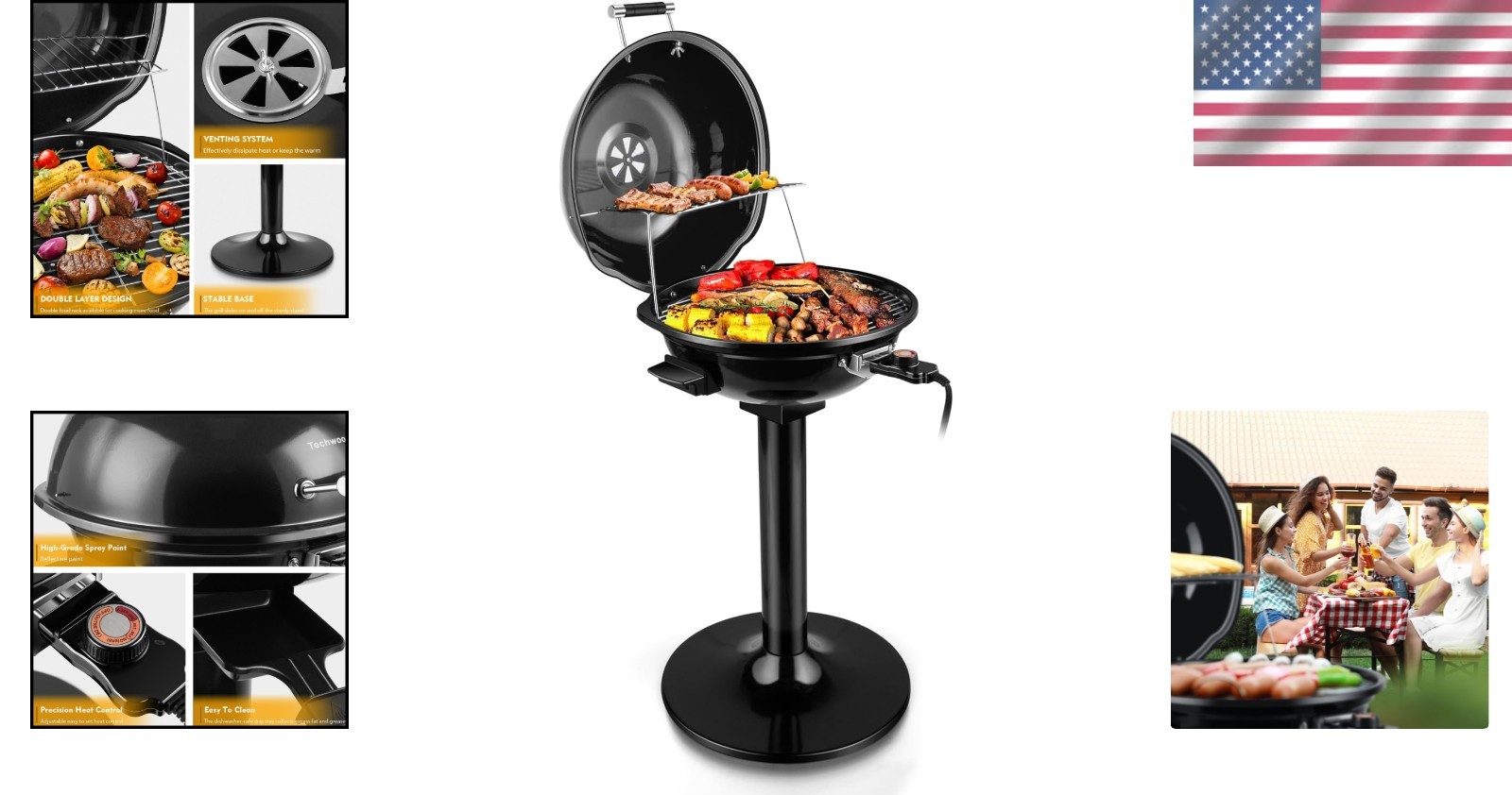 Portable 1600W Indoor/Outdoor Electric Grill with Adjustable Temperature Control