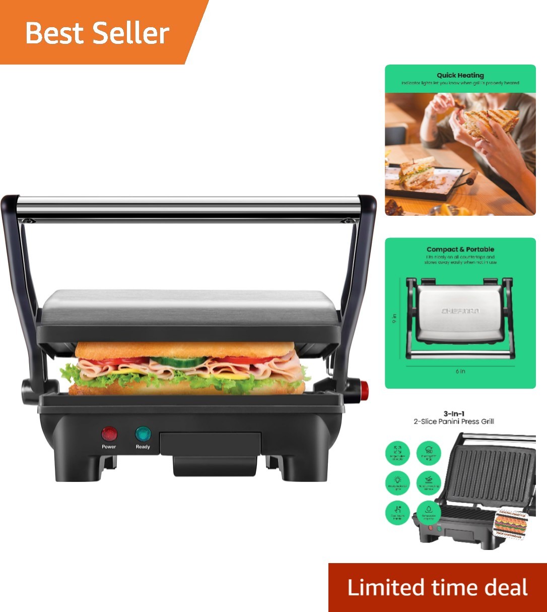180-Degree Opening Non-Stick Panini Press Grill – 2 Slice, Dishwasher Safe