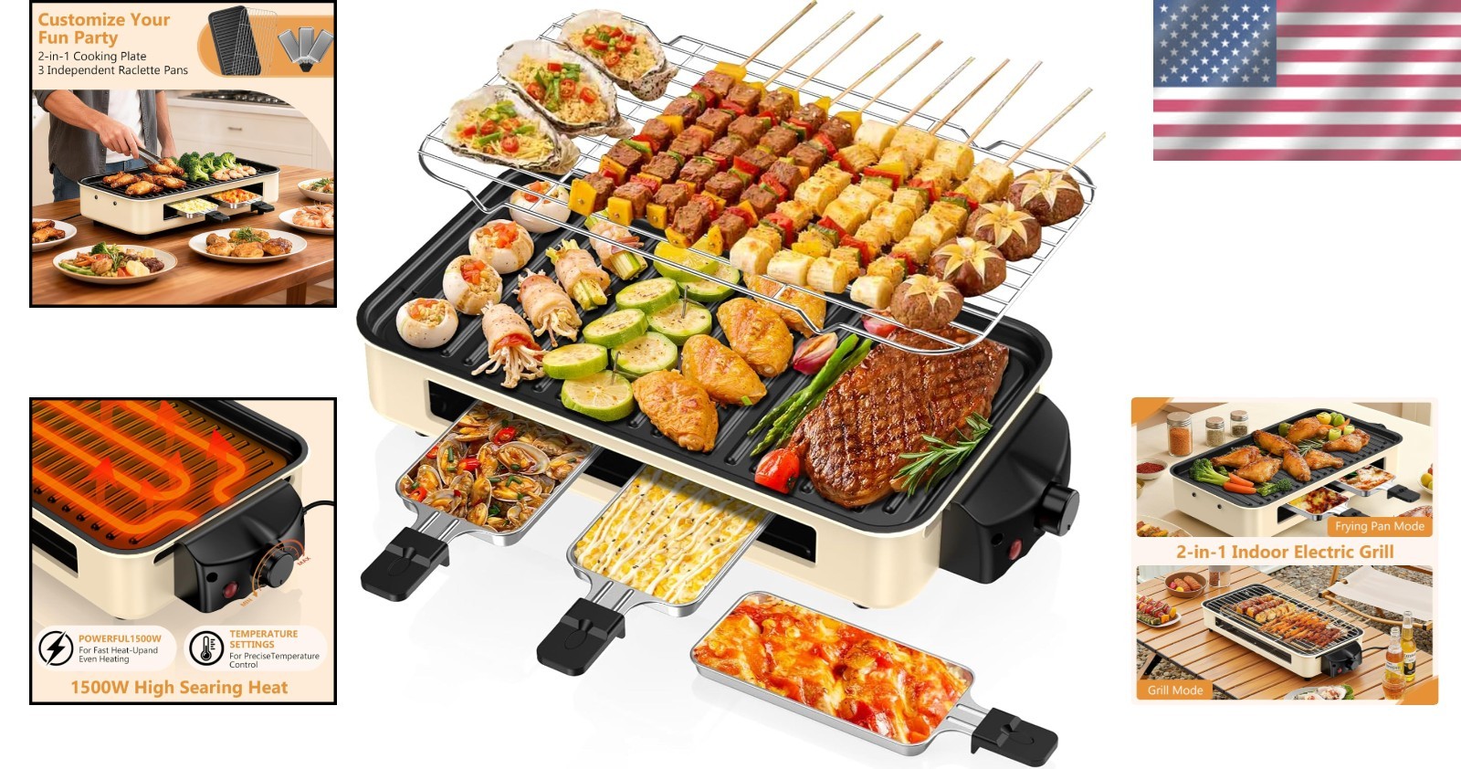 Smokeless Indoor Grill with Temperature Control & Cheese Melting Pans – 1500W