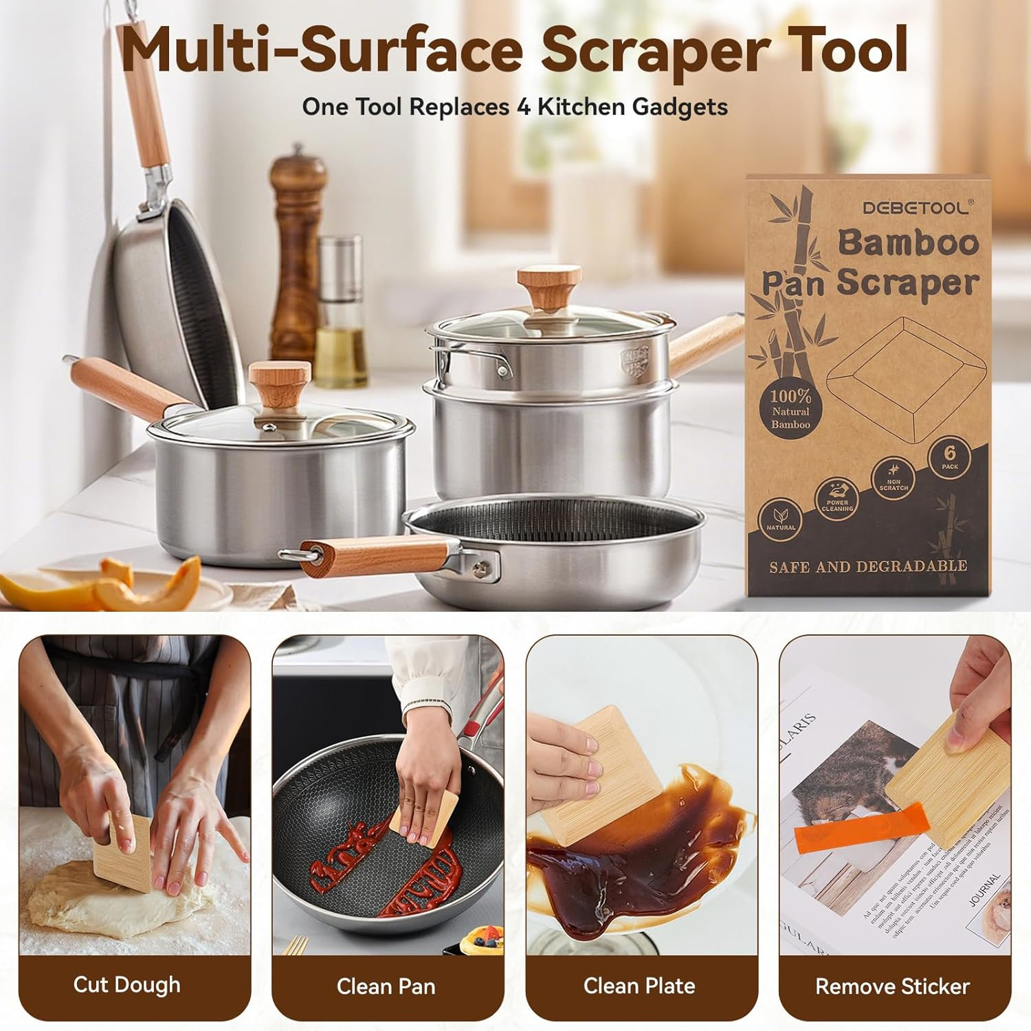 6-Pack Natural Bamboo Pan Scraper & Pot Scraper – Non-Scratch Dish Scraper for C