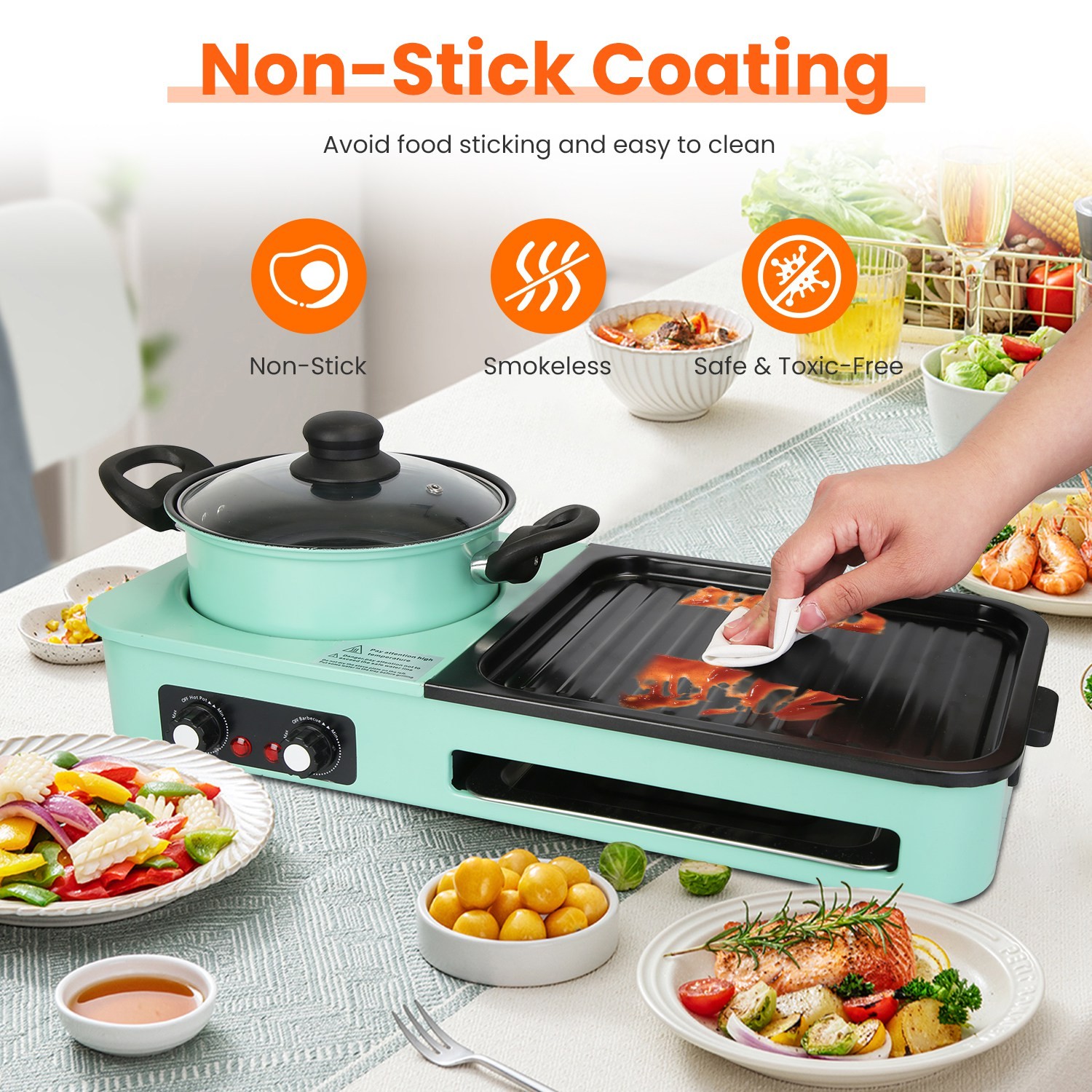 1600W Electric Hot Pot w/ Grill Kitchen Non-Stick Korean BBQ Grill Hot Pot Combo