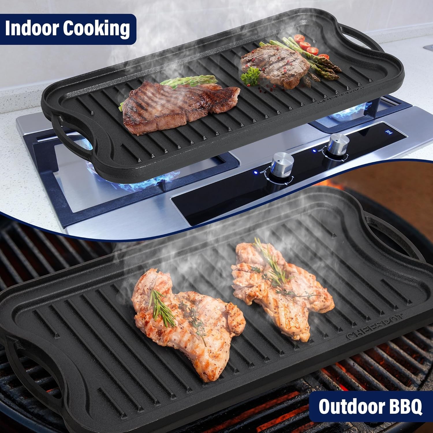 Griddle Pan for Stove Top 20″ Reversible Cast Iron Double Burner Griddle Plate