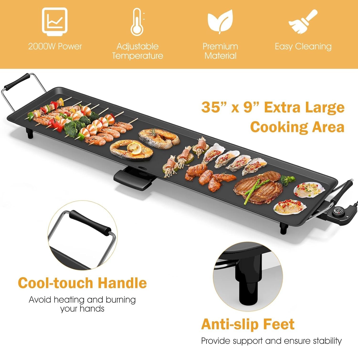 35″ Electric Griddle 2000W Nonstick Extra Large Griddle Long Table Top Grill