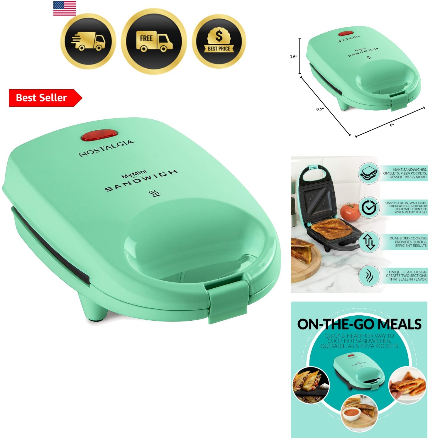 MyMini Personal Sandwich Maker, Nonstick Panini Press, Pizza Pockets, Quesadi…