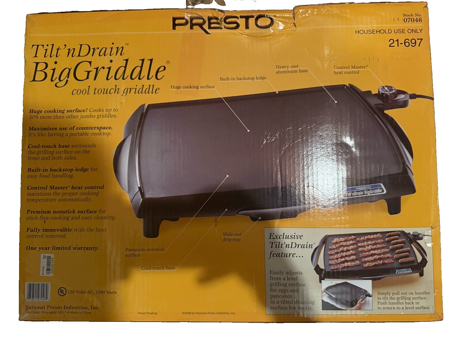 Presto 07046 Tilt’nDrain BigGriddle Electric Nonstick Griddle New Old Stock