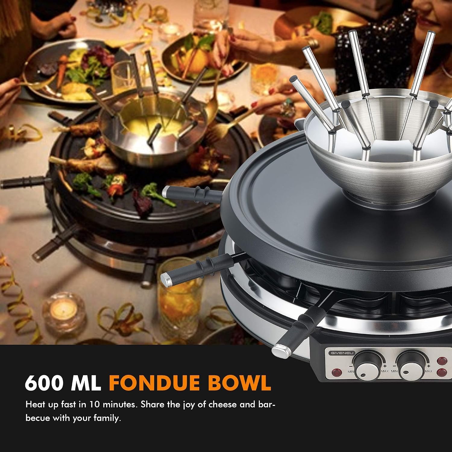 2-in-1 Fondue Pot & Raclette Grill Set 8 Person 1500W 600ml Dual Thermostats