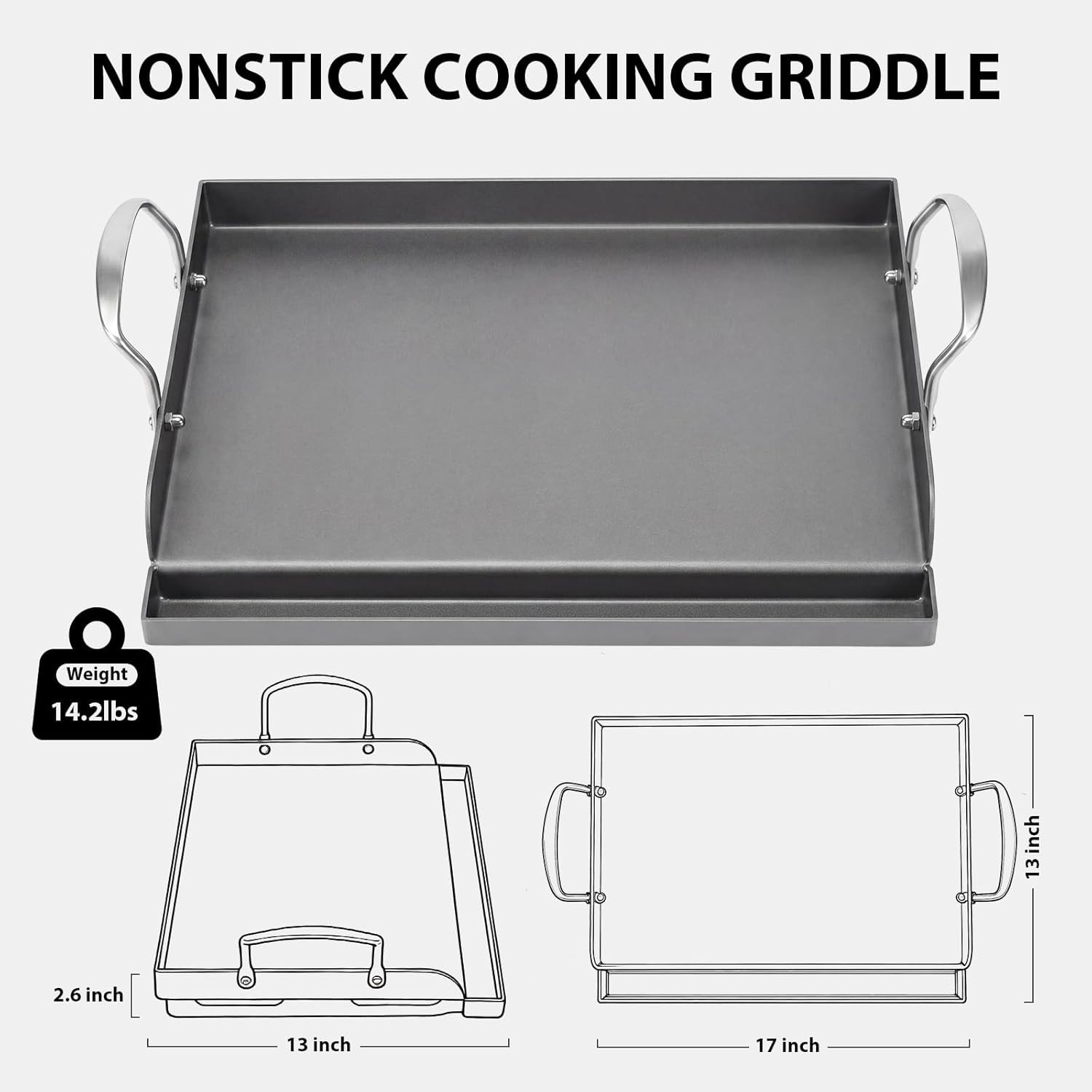 17×13″ Nonstick Cast Iron Griddle Fit Gas Grill, Flat Top Plate